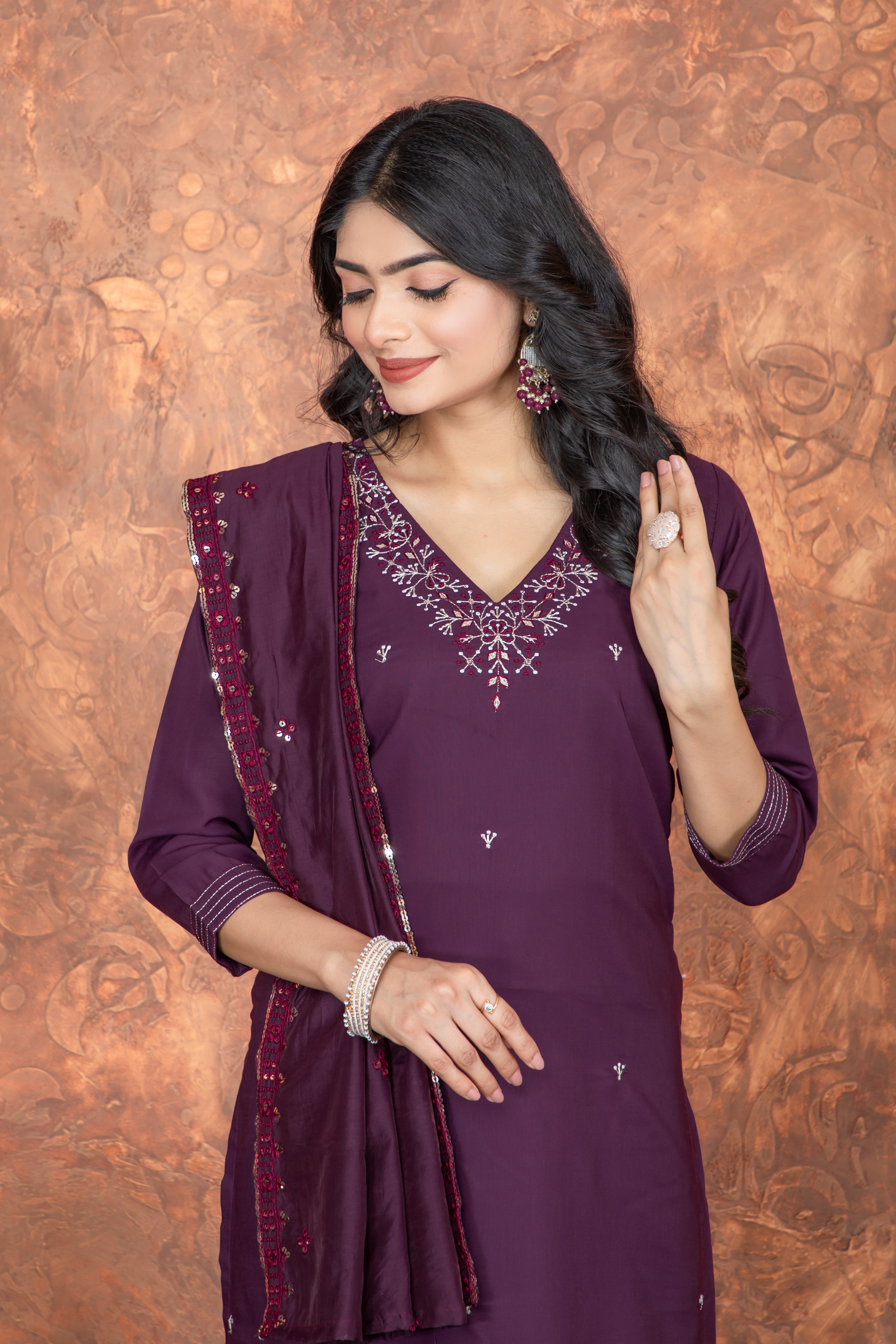 Wine Roman Silk V Neck Straight Fit and Heavy Embroidered Work Women’s Kurta Set with Dupatta