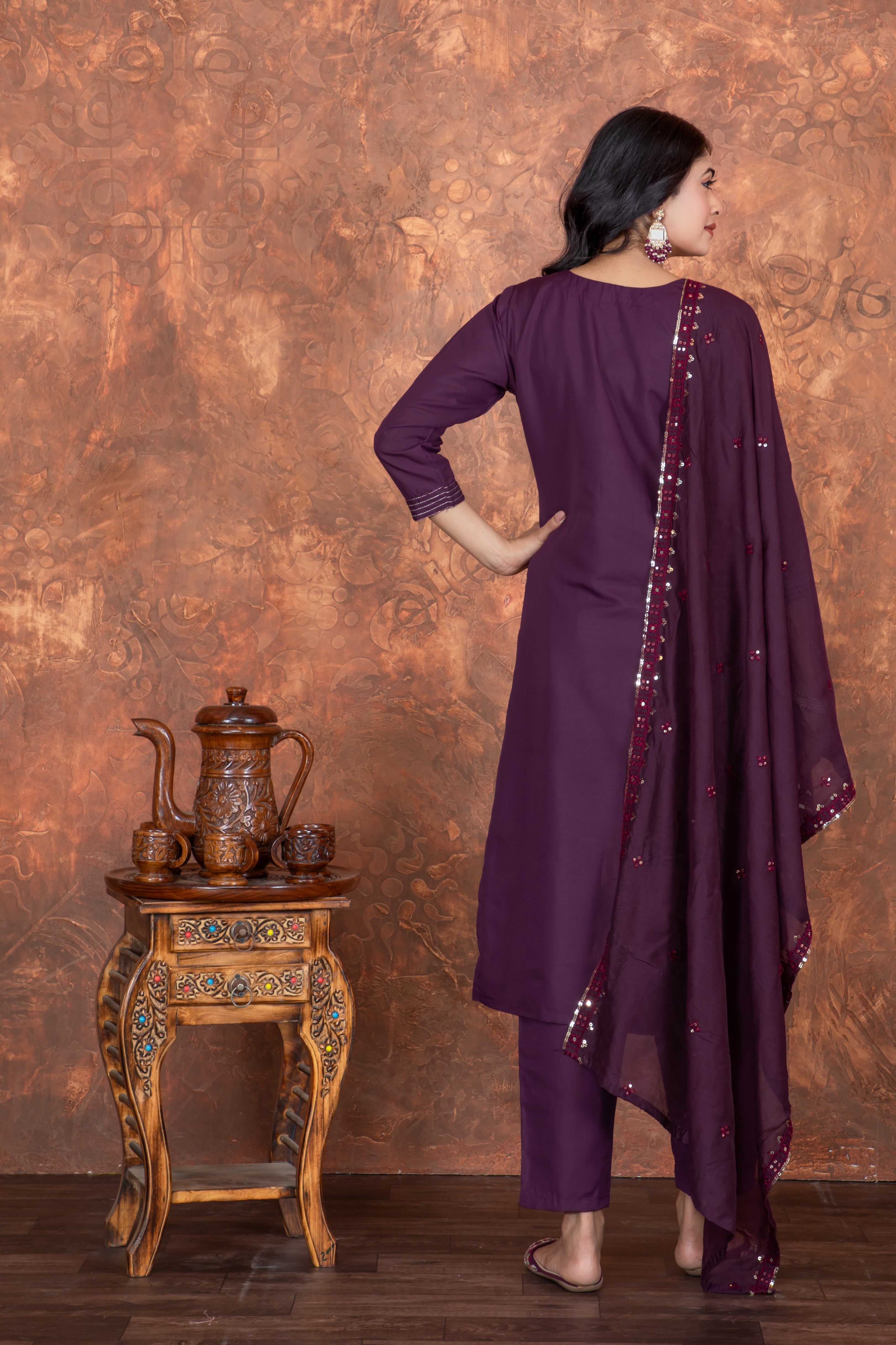 Wine Roman Silk V Neck Straight Fit and Heavy Embroidered Work Women’s Kurta Set with Dupatta