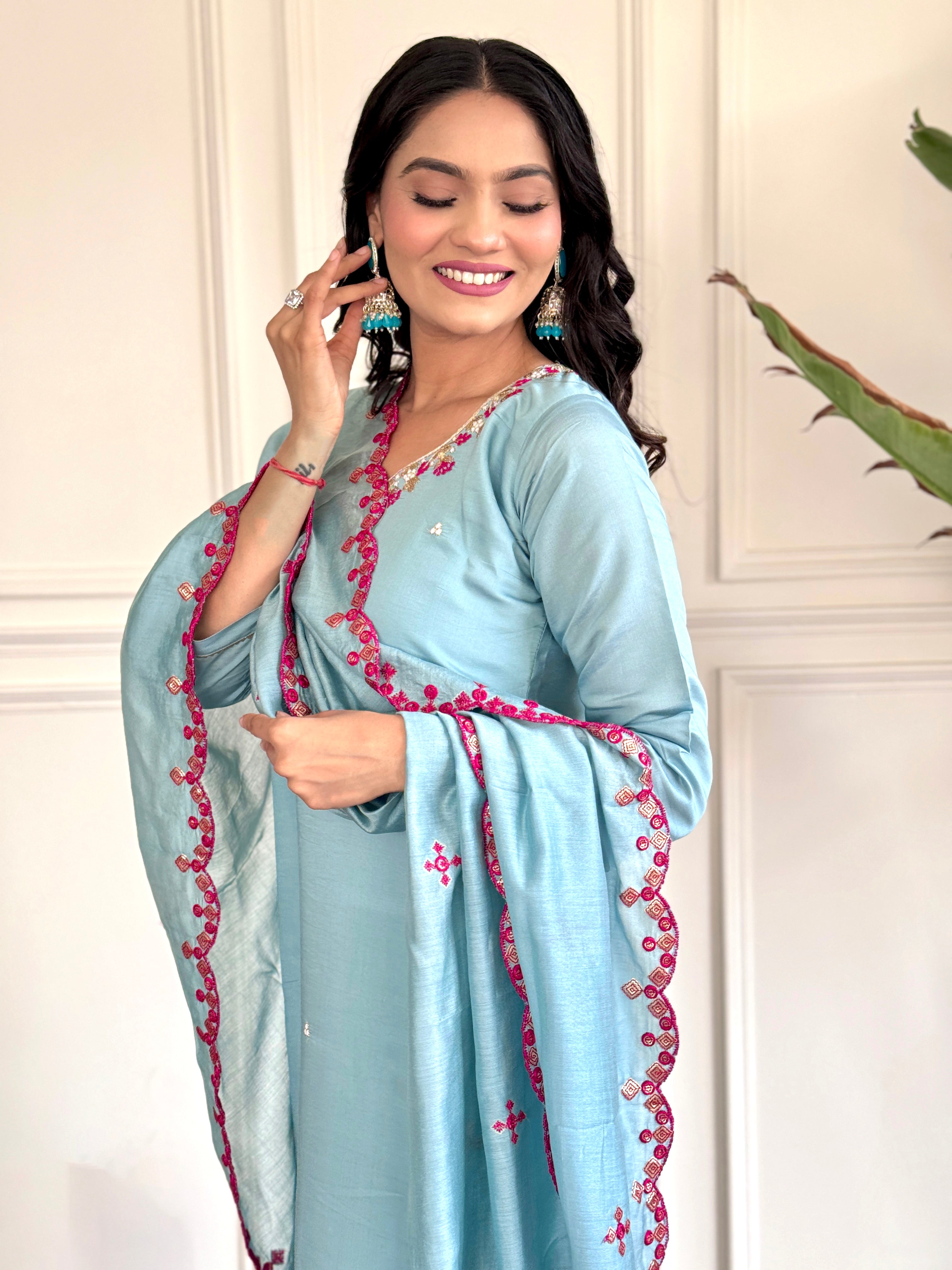 Women's chanderi viscose embroidered straight kurta with pant and dupatta set