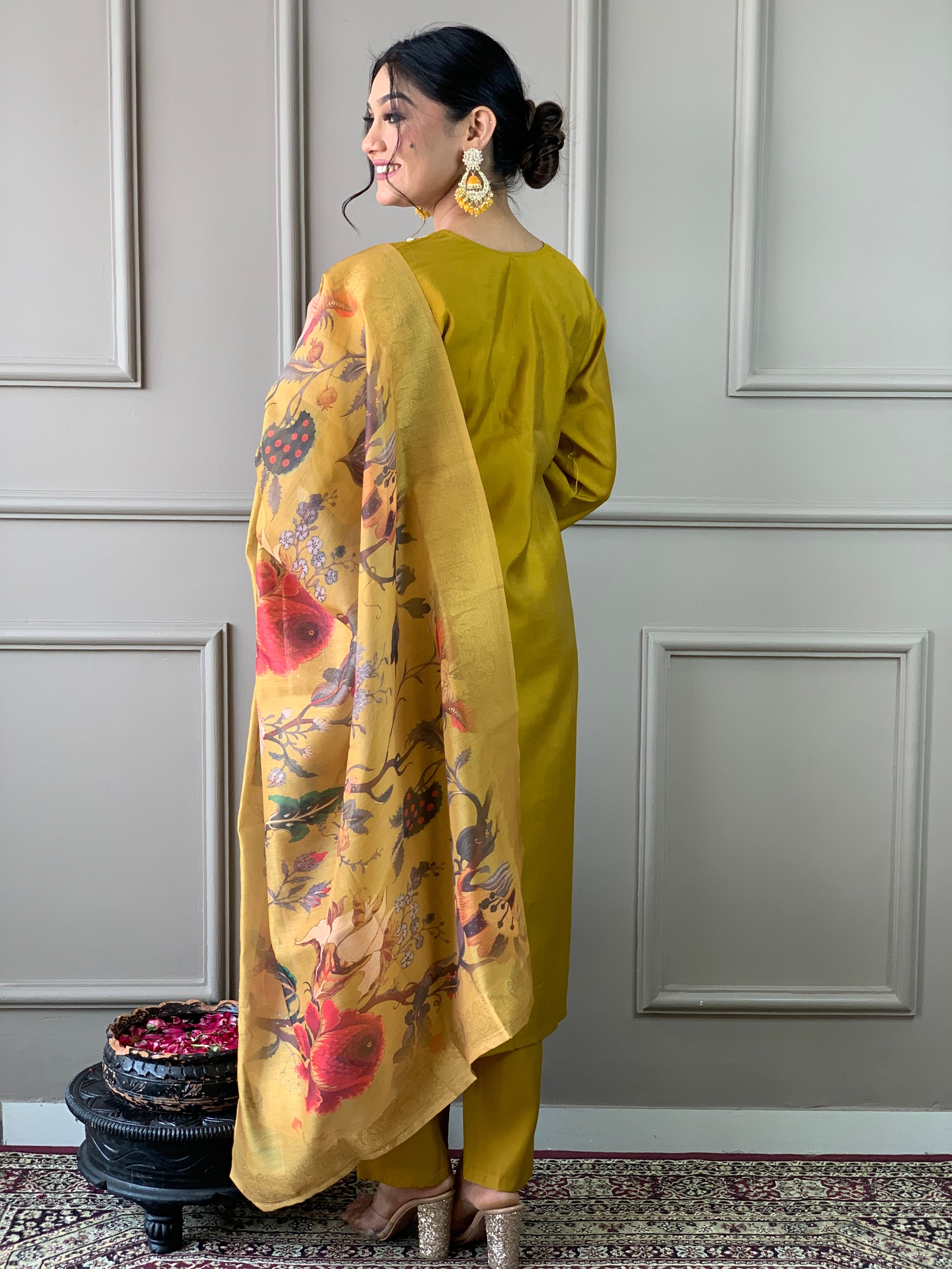 Mustard Yellow Embellished Kurta Set with Floral Printed Dupatta