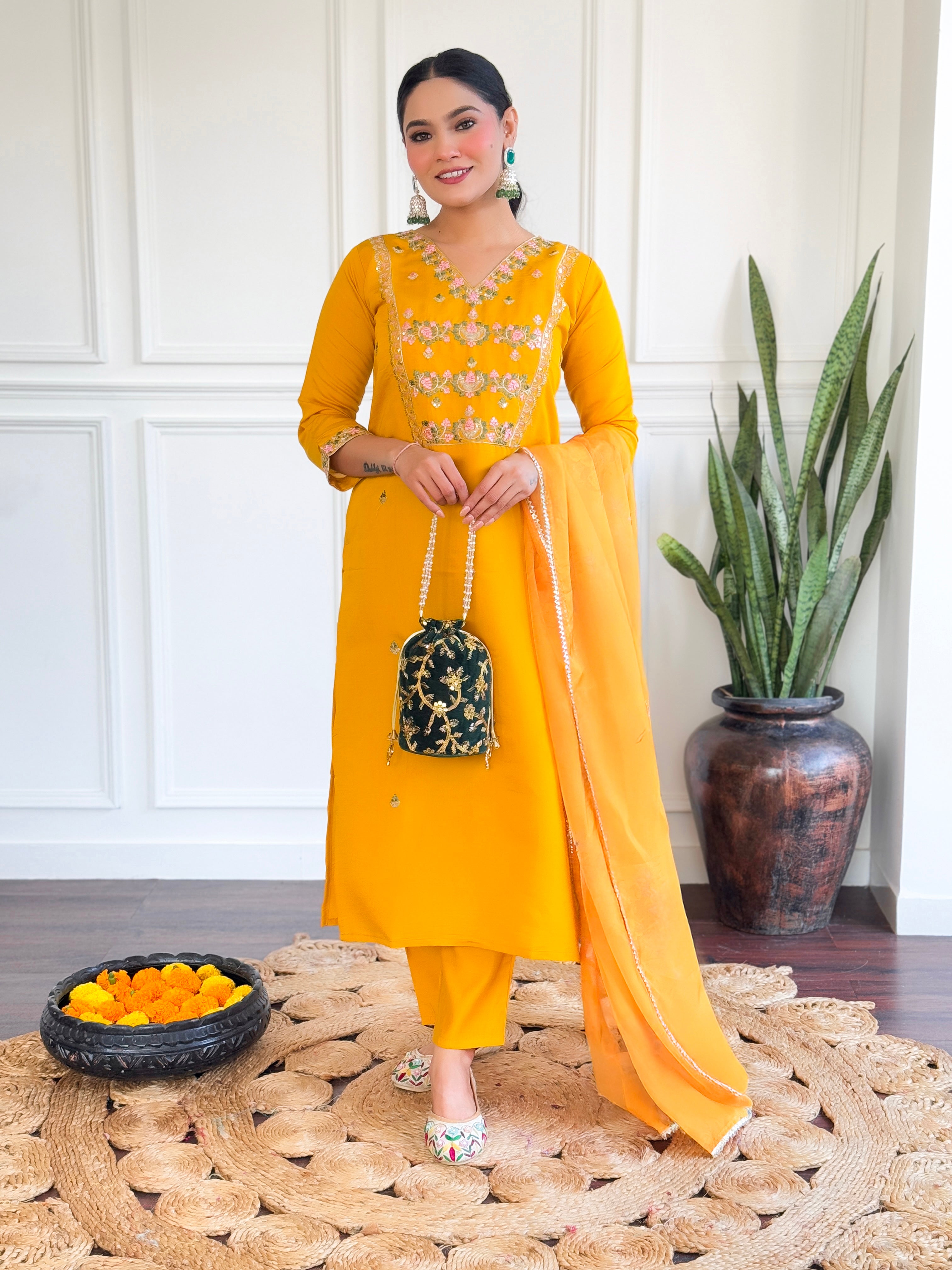 Yellow Embroidered Chanderi Silk Kurta set