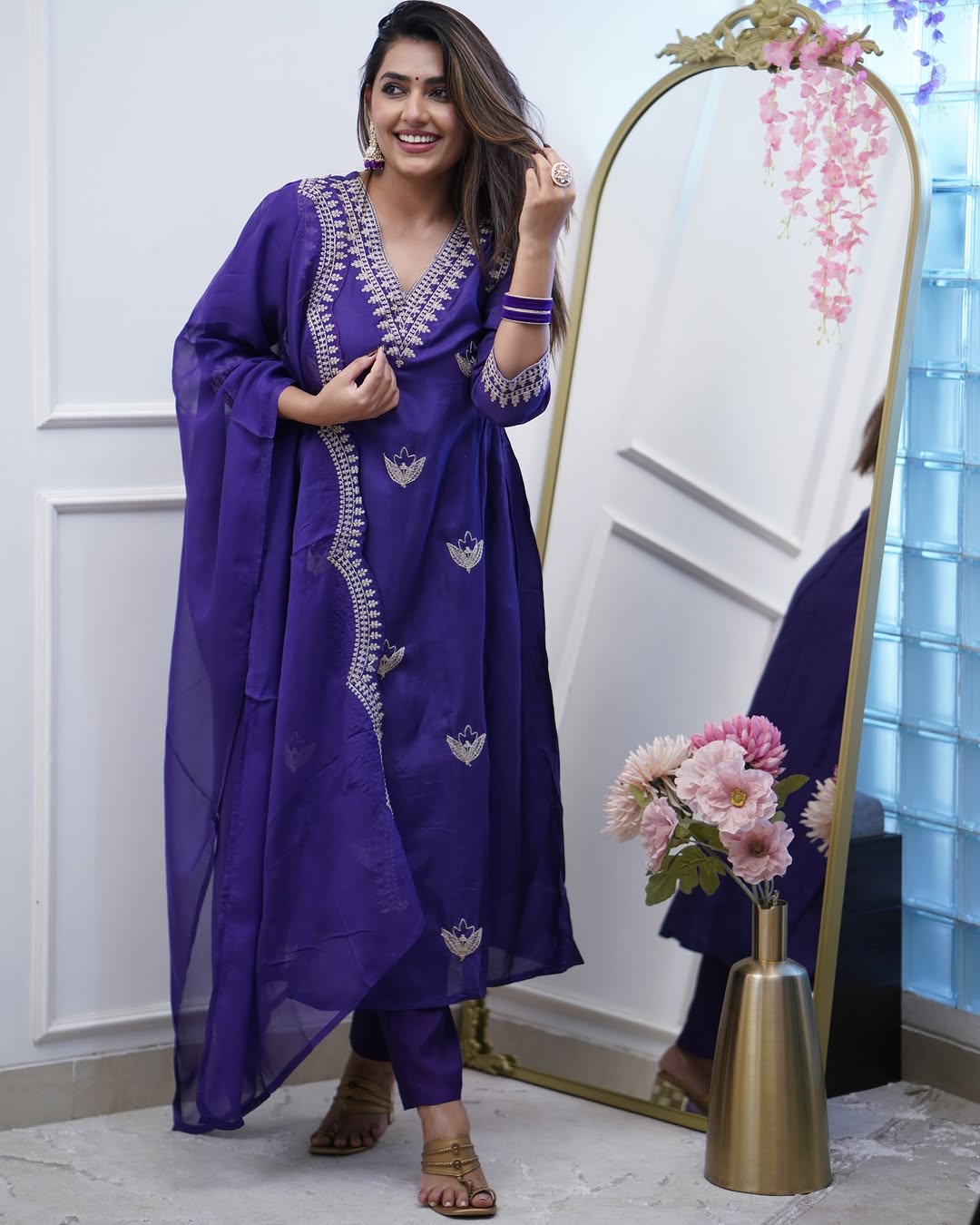 Royal Purple Embroidered Kurta Pant Set with Dupatta – Festive Elegance
