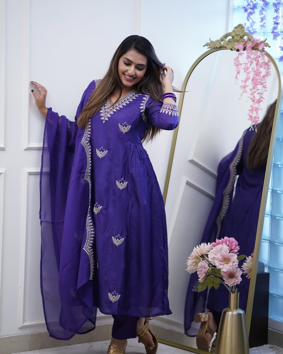 Royal Purple Embroidered Kurta Pant Set with Dupatta – Festive Elegance