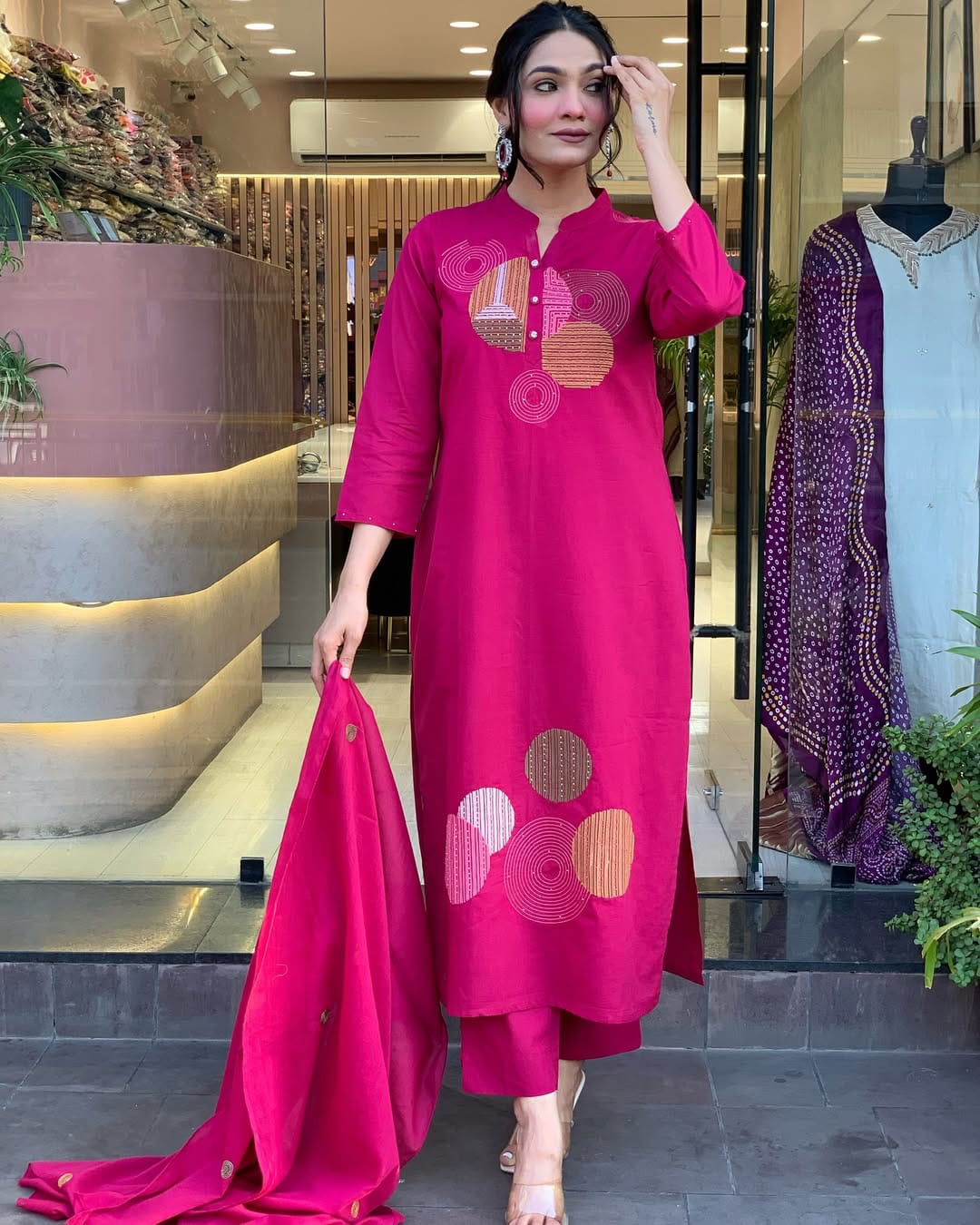 Vibrant Pink Straight Kurta Set with Dupatta