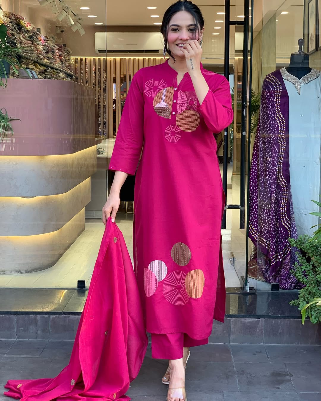 Vibrant Pink Straight Kurta Set with Dupatta