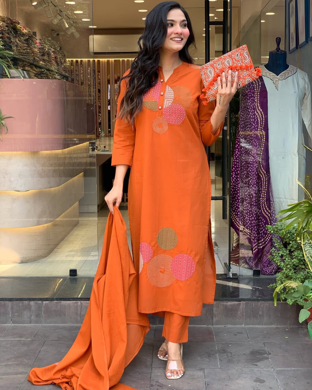 Rust Orange Printed Cotton Kurta Set with Dupatta