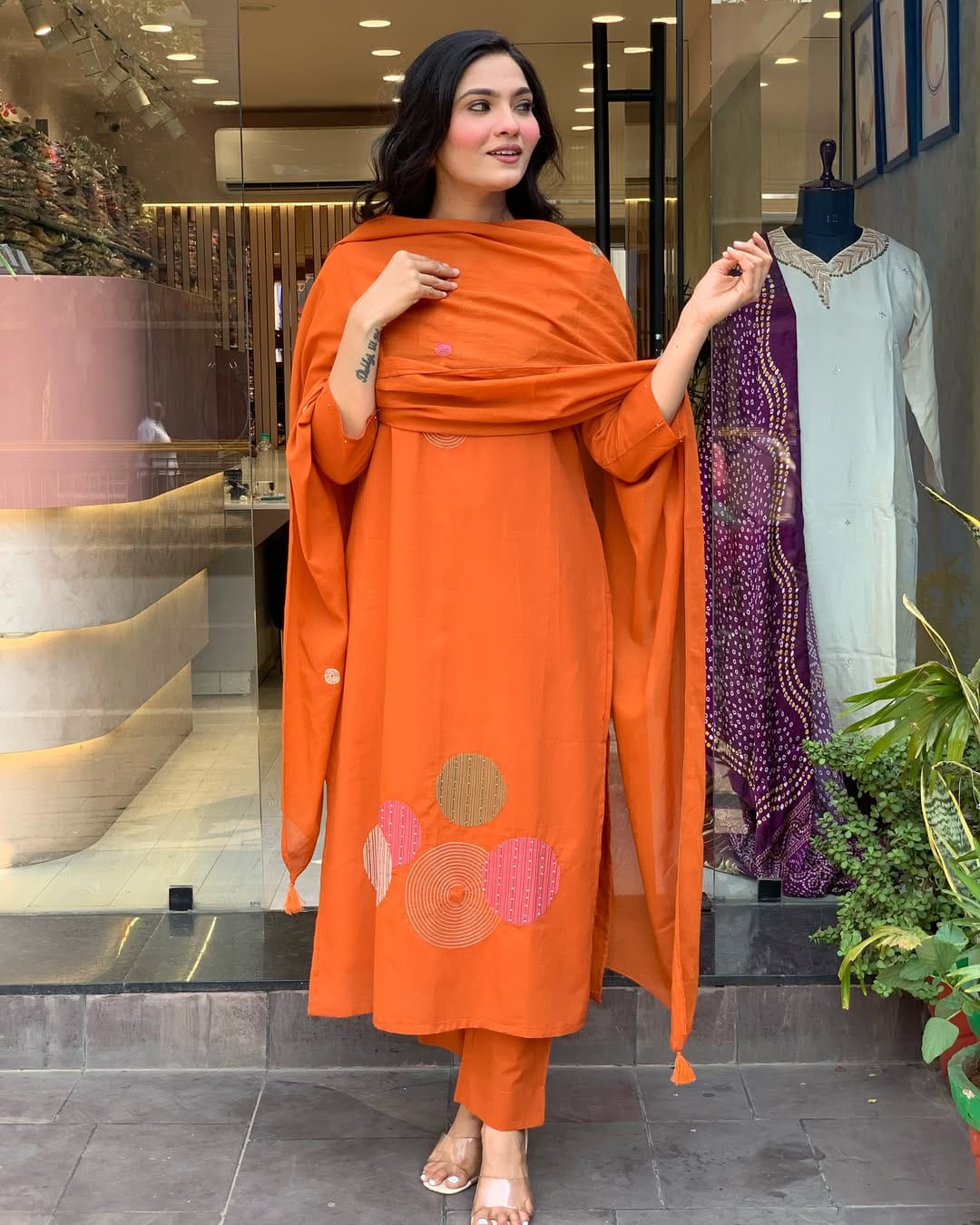 Rust Orange Printed Cotton Kurta Set with Dupatta