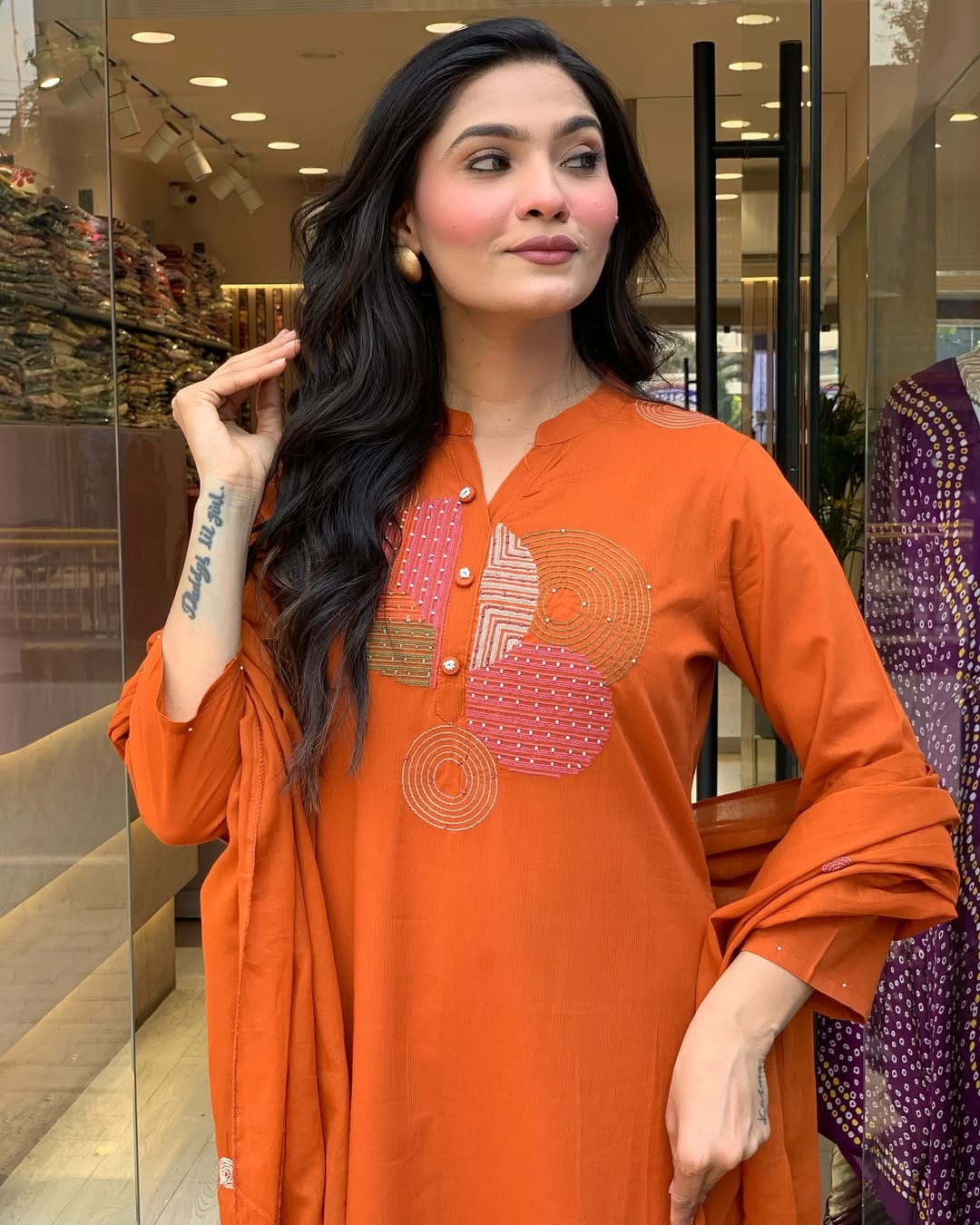 Rust Orange Printed Cotton Kurta Set with Dupatta