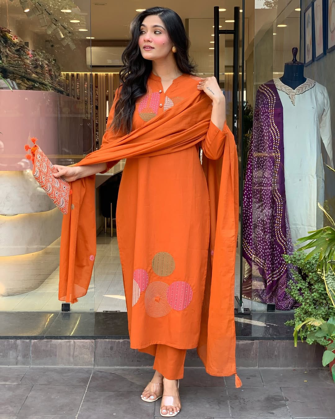 Rust Orange Printed Cotton Kurta Set with Dupatta