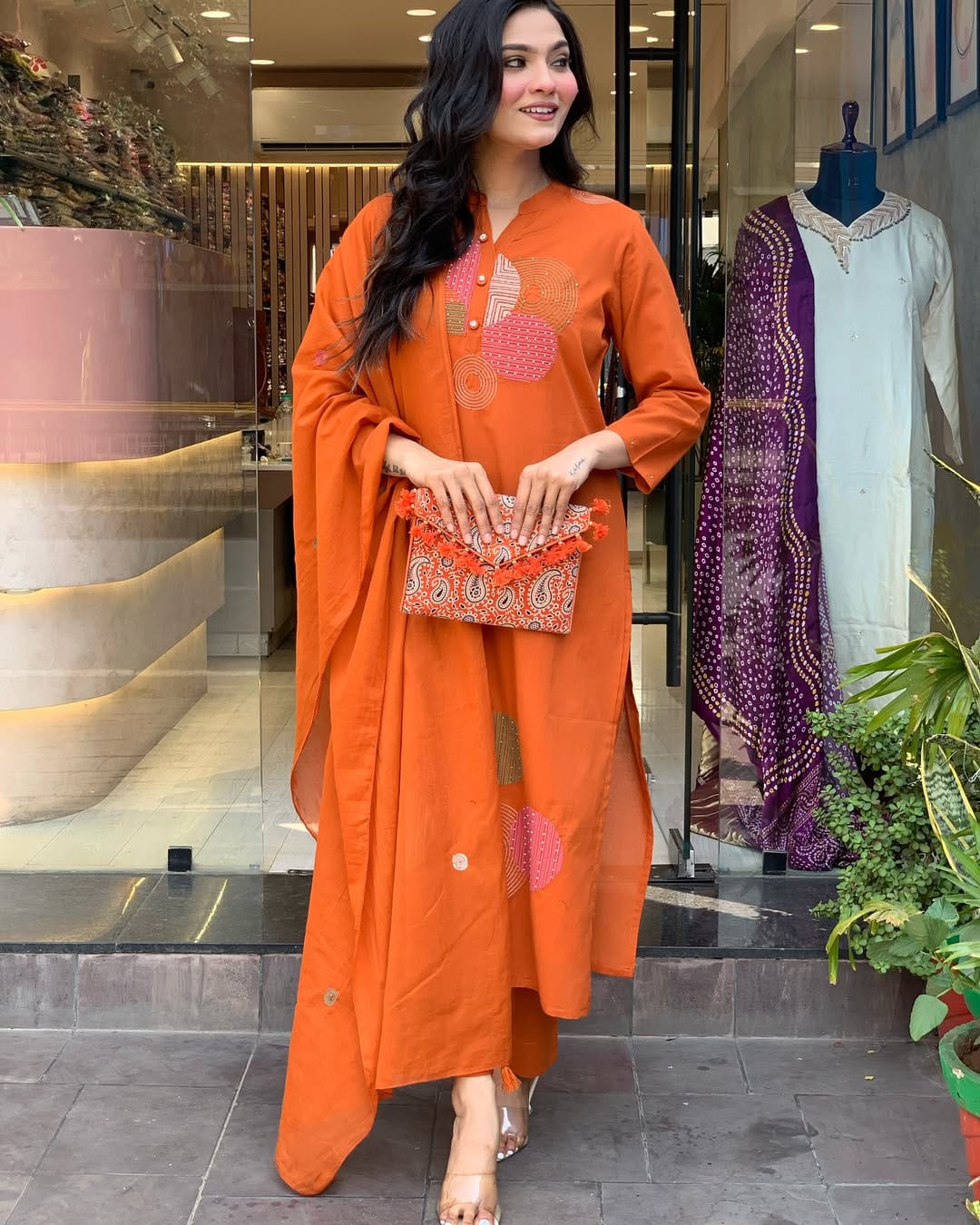 Rust Orange Printed Cotton Kurta Set with Dupatta