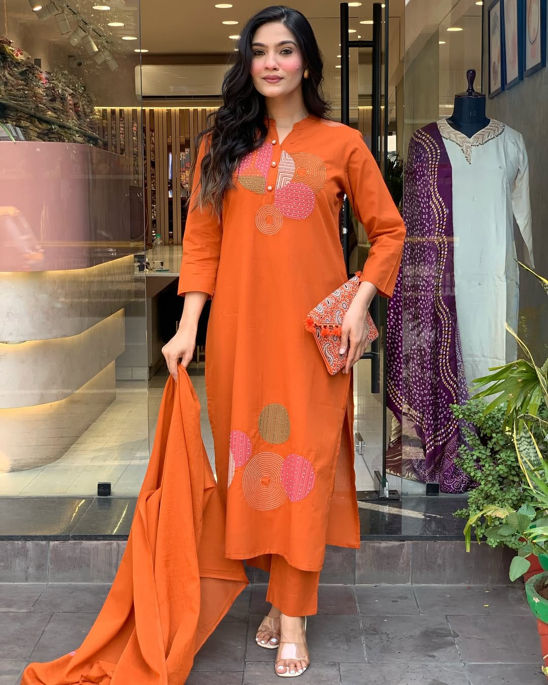 Rust Orange Printed Cotton Kurta Set with Dupatta