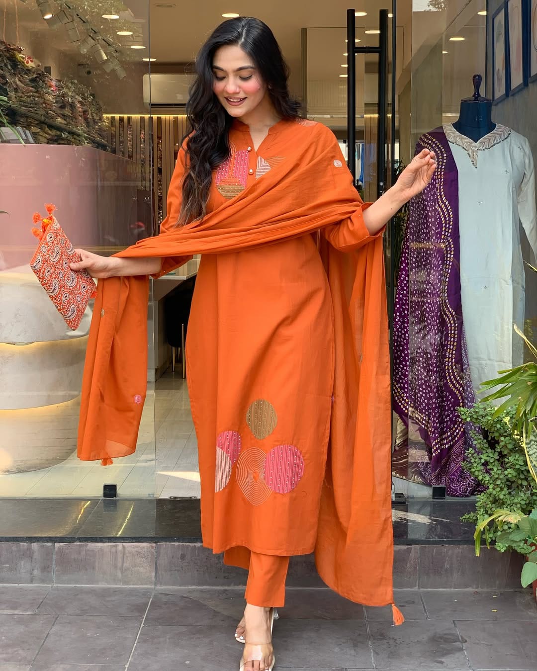 Rust Orange Printed Cotton Kurta Set with Dupatta